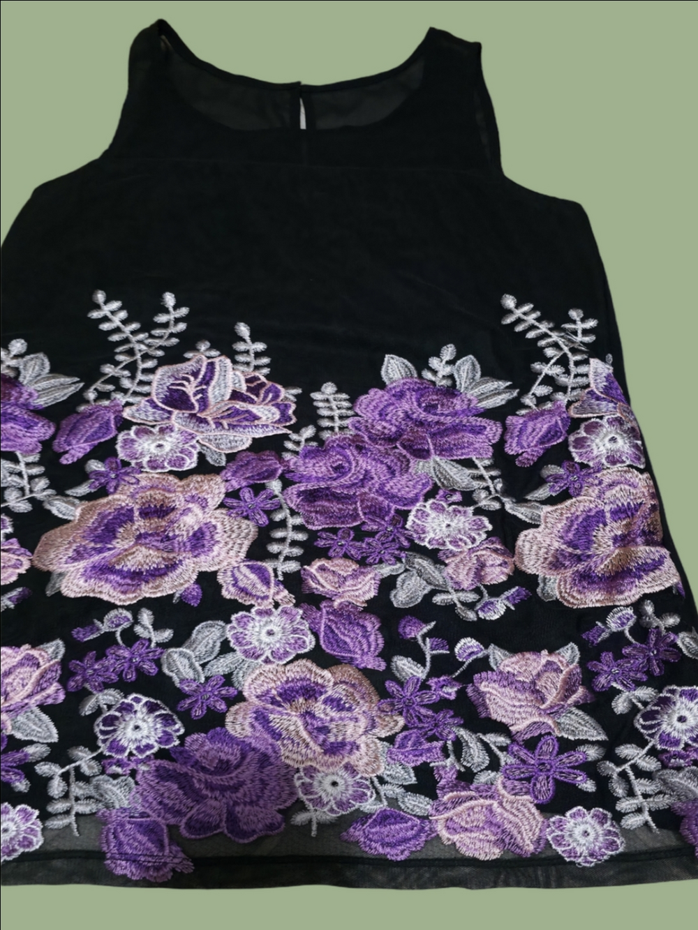 4/$67 Deal! Ricki's Black Sleeveless Top with Purple and Lilac Floral Embroidery